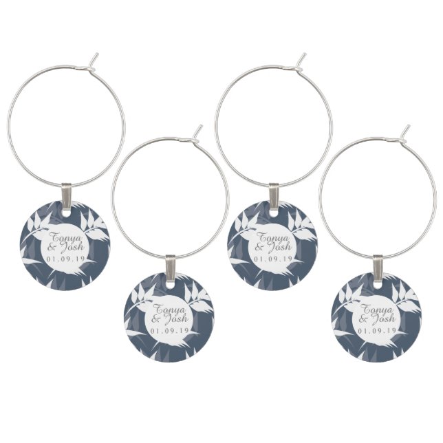 Elegant Botanical Leaf Navy White Pattern Wedding Wine Charm (Staggered)