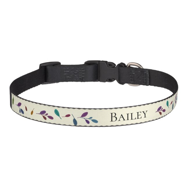 Elegant Botanical Leaf Pattern Beige Personalised Pet Collar (Front)