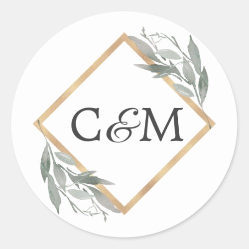 Elegant Botanical Leaf Sage Green Gold Wedding Classic Round Sticker