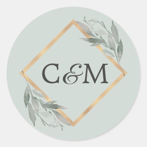 Elegant Botanical Leaf Sage Green Gold Wedding Classic Round Sticker