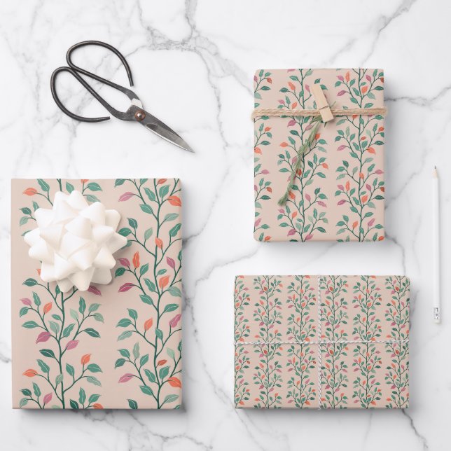 Elegant Botanical Leaf Stripe Pattern on Blush Wrapping Paper Sheets (Front)