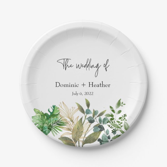 Elegant Botanical Leaf Wedding Invitation Paper Plates (Front)