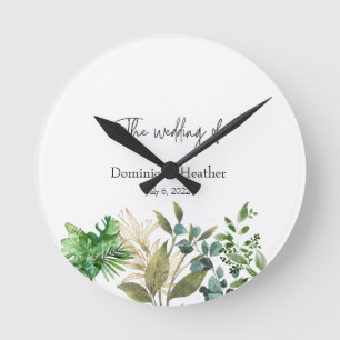 Elegant Botanical Leaf Wedding Invitation Round Clock