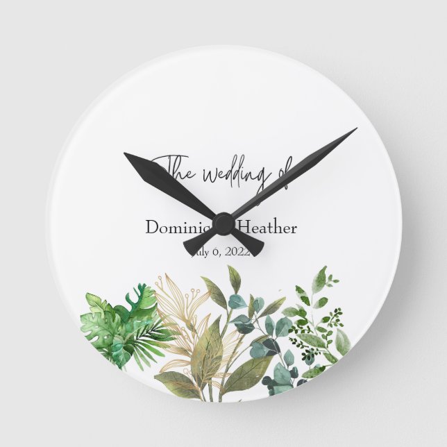 Elegant Botanical Leaf Wedding Invitation Round Clock (Front)