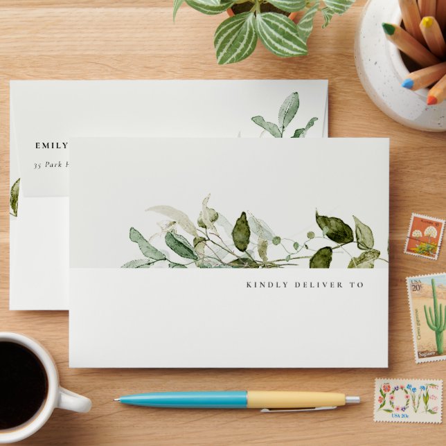 Elegant Botanical Leafy Foliage Watercolor Wedding Envelope (Desk)