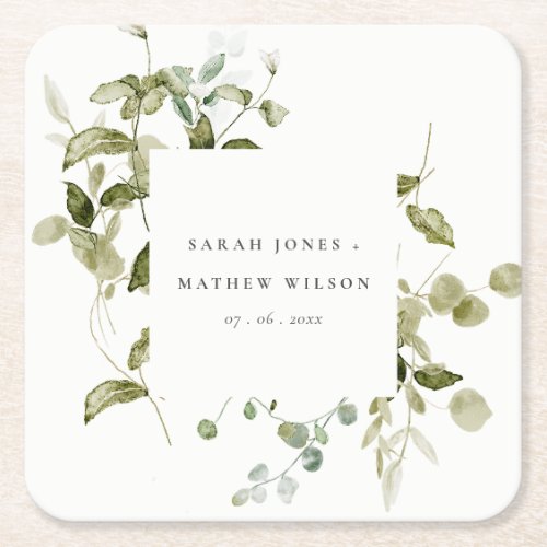 Elegant Botanical Leafy Foliage Watercolor Wedding Square Paper Coaster