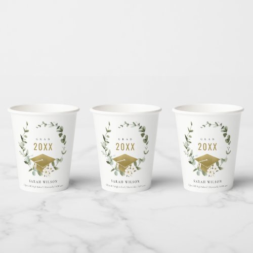 Elegant Botanical Leafy Wreath Gold Graduation Paper Cups