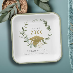 Elegant Botanical Leafy Wreath Gold Graduation Paper Plates