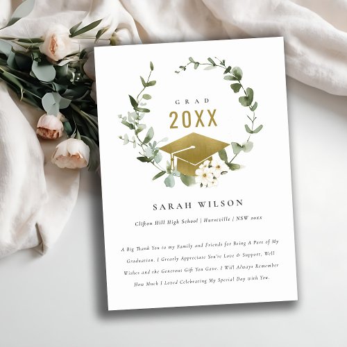 Elegant Botanical Leafy Wreath Gold Graduation Thank You Card