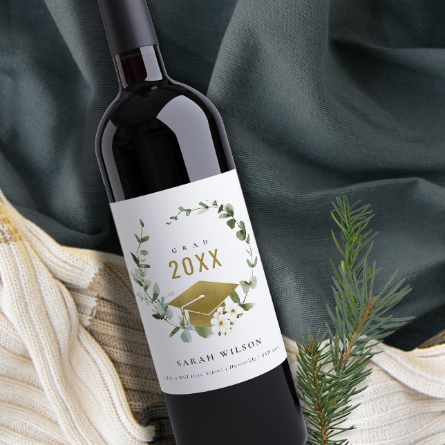 Elegant Botanical Leafy Wreath Gold Graduation Wine Label (Creator Uploaded)