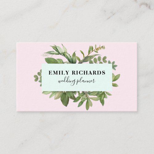 Elegant botanical leaves blush pink mint frame business card