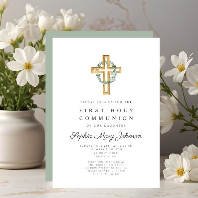 Elegant Botanical Leaves Cross First Communion Invitation (Elegant Botanical Leaves Cross First Communion Invitation)