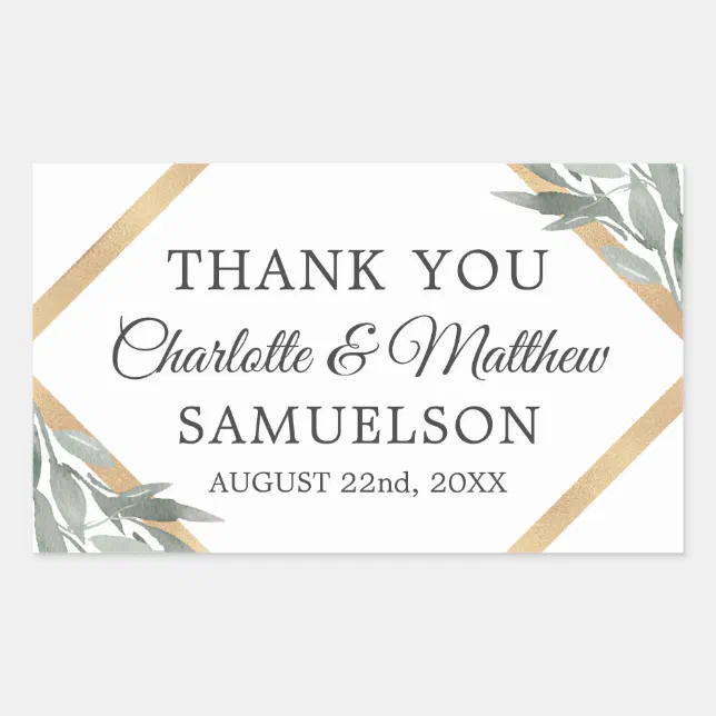 Elegant Botanical Leaves Gold Wedding THANK YOU Rectangular Sticker ...