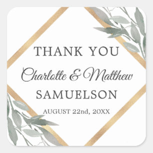 Elegant Botanical Leaves Gold Wedding THANK YOU Square Sticker