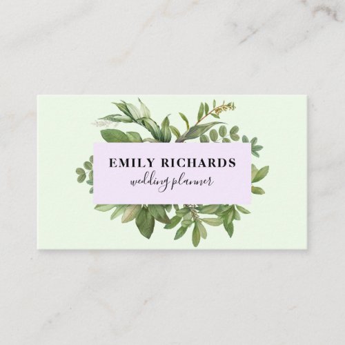 Elegant botanical leaves mint green pink frame business card