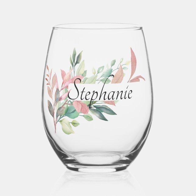 Elegant Botanical Leaves Personalized Name Stemless Wine Glass (Front)