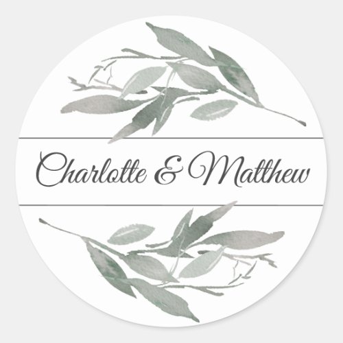 Elegant Botanical Leaves Sage Wedding Classic Round Sticker