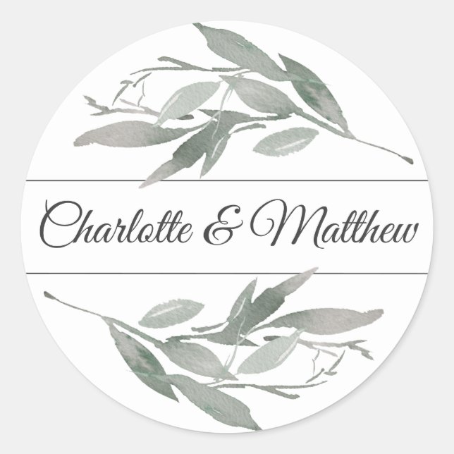 Elegant Botanical Leaves Sage Wedding Classic Round Sticker (Front)