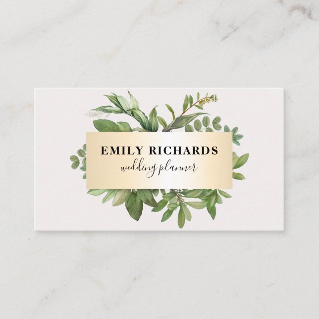 Elegant botanical leaves script chic gold frame business card (Front)