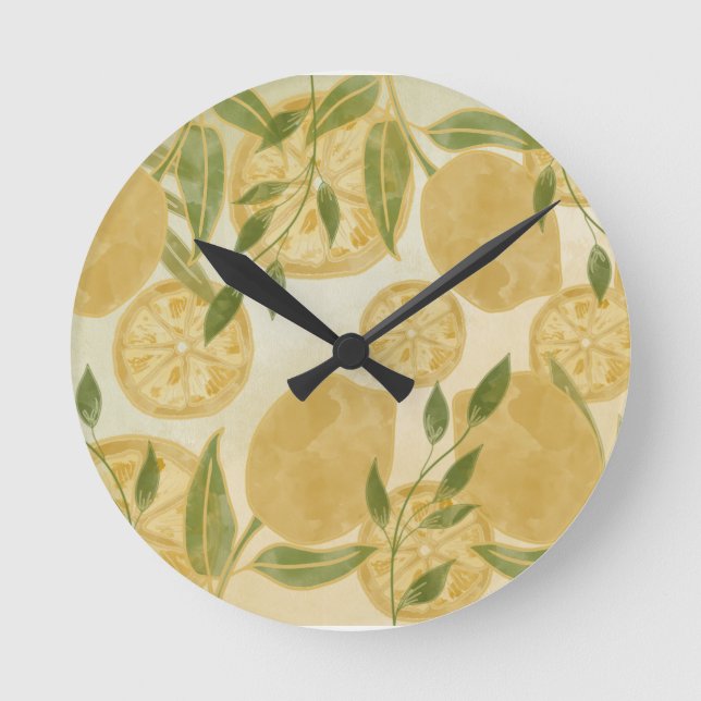 Elegant Botanical Lemon Greenery Round Clock (Front)