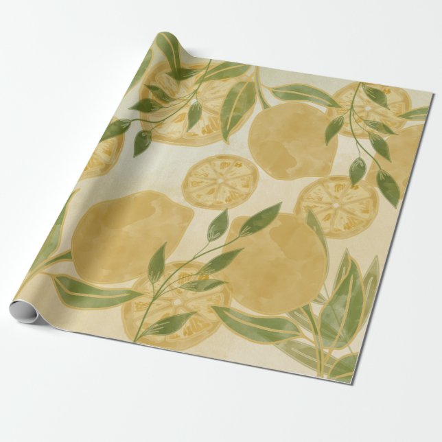 Elegant Botanical Lemon Greenery Wrapping Paper (Unrolled)