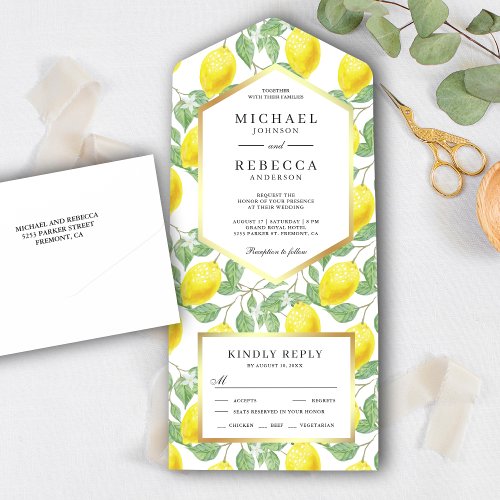 Elegant Botanical Lemon Orchard Greenery Wedding All In One Invitation