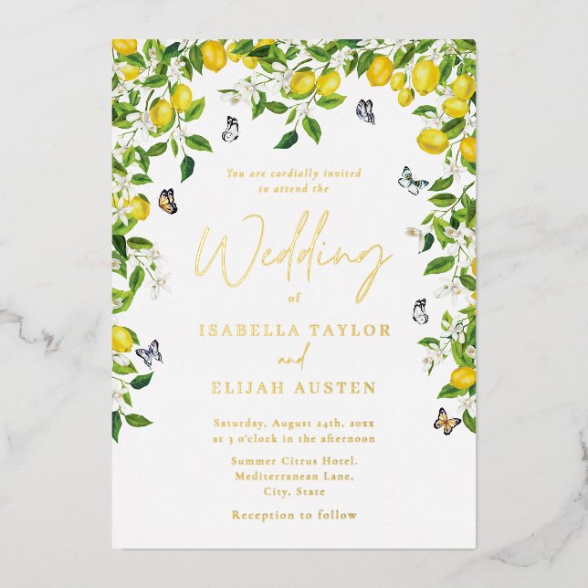 Elegant Botanical Lemon Wedding Gold Foil Invitation (Front)