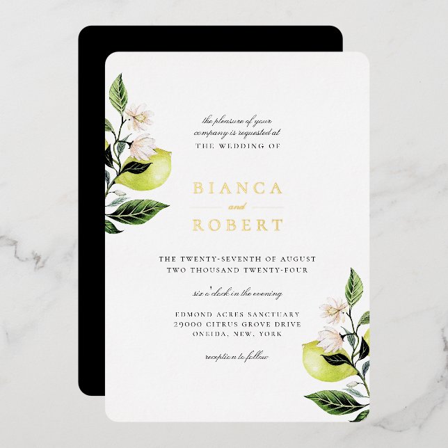 Elegant Botanical Lemons Wedding Foil Invitation (Front/Back)