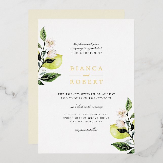 Elegant Botanical Lemons Wedding Foil Invitation (Front/Back)