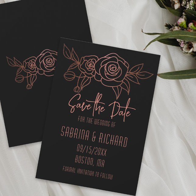 Elegant Botanical Line Art Bouquet Rose Gold Black Save The Date (Creator Uploaded)
