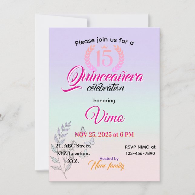 Elegant Botanical Line Art Quinceañera Invitation  (Front)