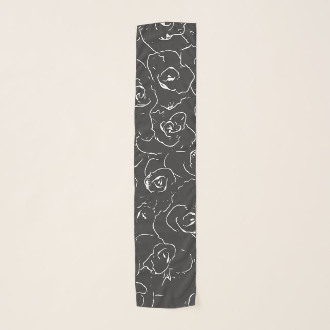 Elegant Botanical Line Drawing Pattern Black White Scarf (Front)