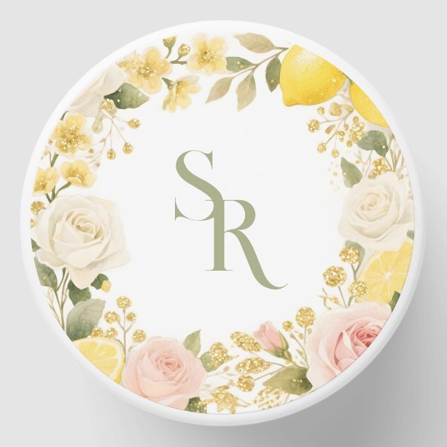Elegant Botanical Mediterranean Lemons & Initials Mini Candle Favors (Front)