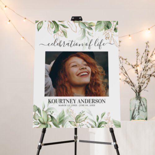 Elegant Botanical Memorial Decor Foam Board - Funeral welcome foam board sign featuring a large photo of the person your remembering, elegant watercolor green botanical eucalyptus leaves, gold floral accents, their name, and birth/death dates.