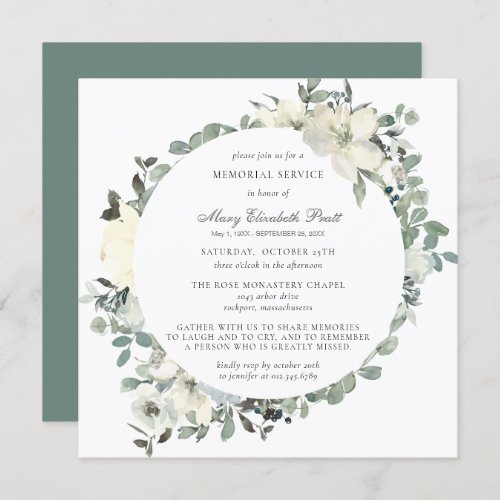 Elegant Botanical Memorial Service White Floral In Invitation