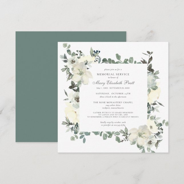 Elegant Botanical Memorial Service White Floral Invitation (Front/Back)