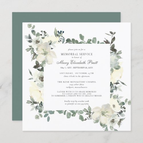 Elegant Botanical Memorial Service White Floral Invitation