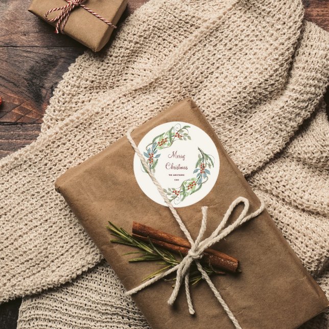 Elegant Botanical Merry Christmas Wreath  Classic Round Sticker (Creator Uploaded)