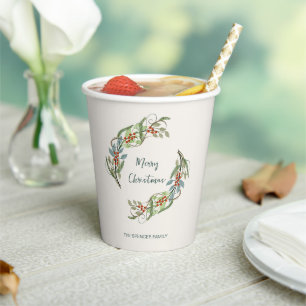 Elegant Botanical Merry Christmas Wreath Paper Cups