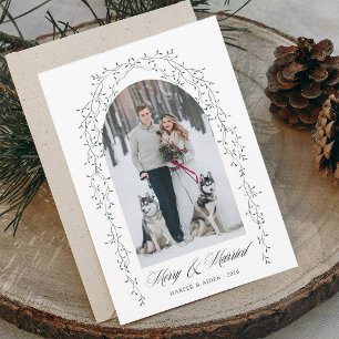 Elegant Botanical Merry & Married Newlywed Photo Holiday Card
