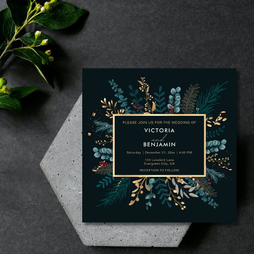 Elegant Botanical Modern Christmas Holiday Wedding Invitation