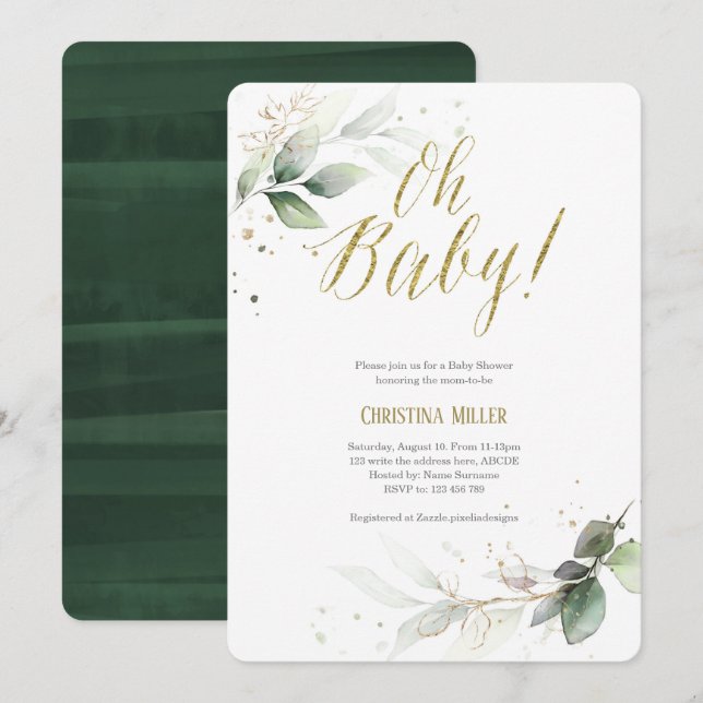 Elegant, Botanical, Modern, Greenery, Baby Shower Invitation (Front/Back)