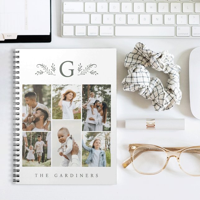 Elegant Botanical Monogram 6 Photo Collage Notebook (Creator Uploaded)