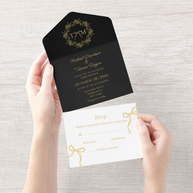 elegant botanical monogram bows wedding gold foil all in one invitation  (Tearaway)