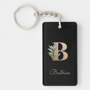 Elegant Botanical Monogram Gold Letter B Keychain