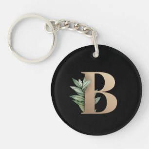 Elegant Botanical Monogram Gold Letter B Keychain