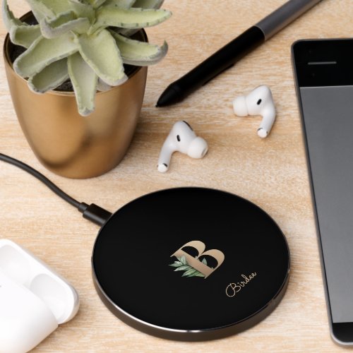 Elegant Botanical Monogram Gold Letter B Wireless Charger