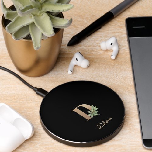 Elegant Botanical Monogram Gold Letter D Wireless Charger