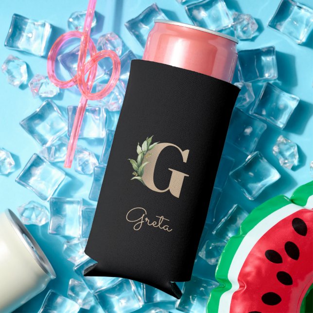 Elegant Botanical Monogram Gold Letter G  Seltzer Can Cooler (In Situ Summer)