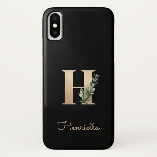 Elegant Botanical Monogram Gold Letter H iPhone X Case